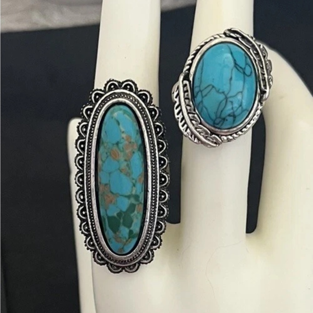 Lot 2 Southwestern Silver Plated Simulated Turquoise Statement Rings
